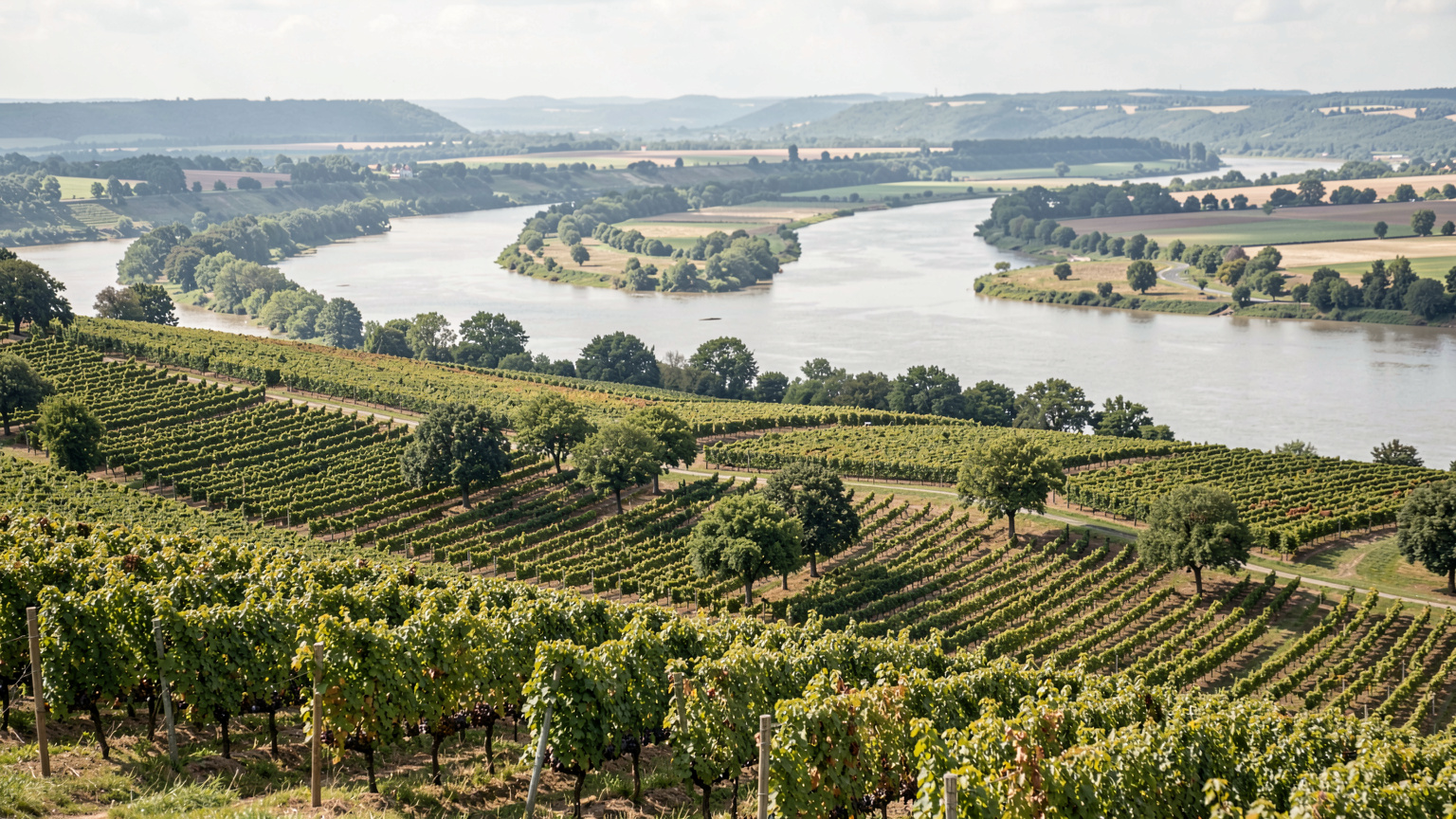 Weiter Blick über gestaffelte Weinberge an einem Hang, der zu einem breiten Flusstal hin abfällt, mit einzelnen Baumgruppen zwischen den Parzellen