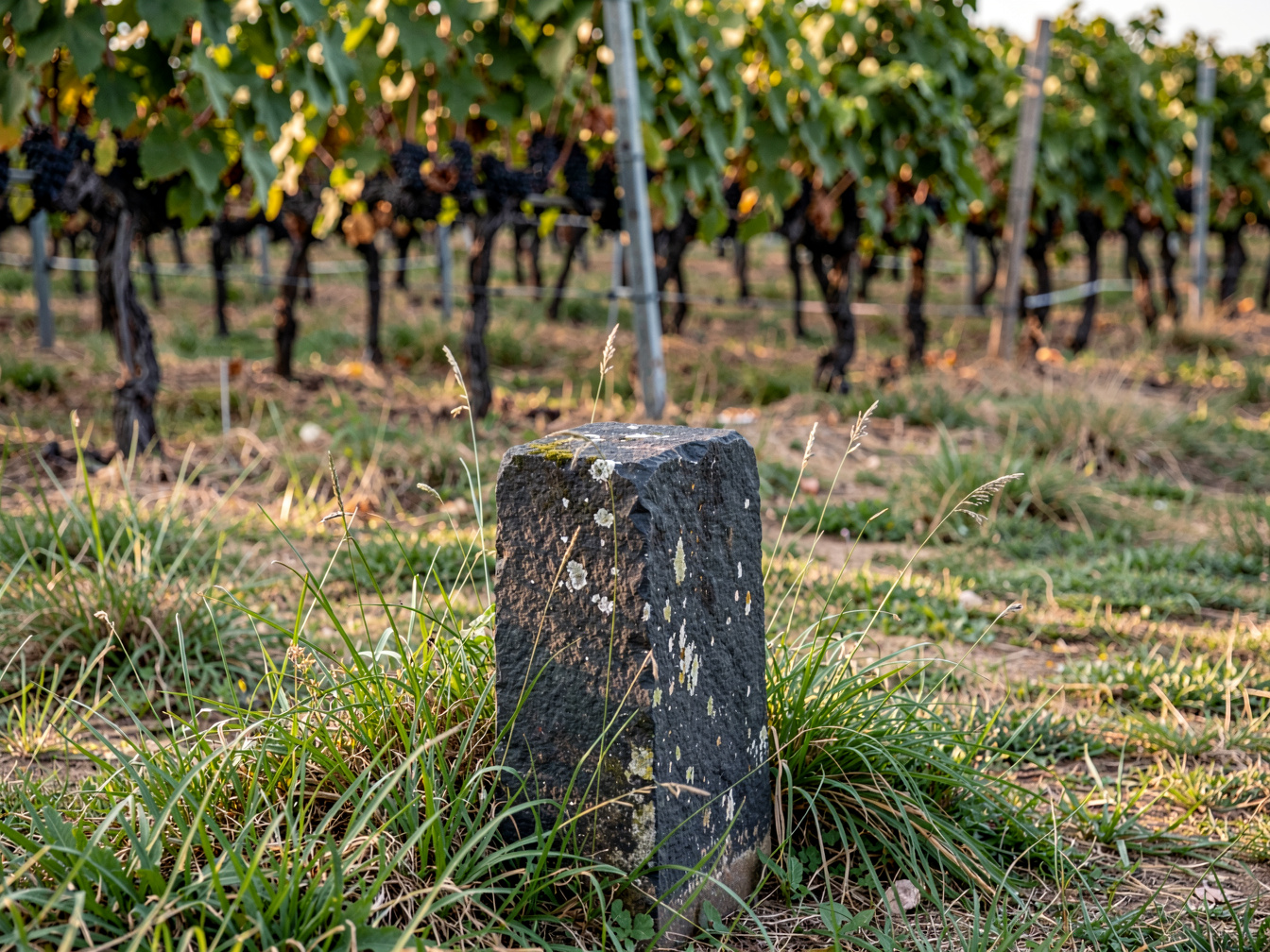 Alter Grenzstein aus dunklem Schiefer am Rand einer Weinbergsparzelle, halb von Gras überwachsen, dahinter dicht gestellte Rebzeilen