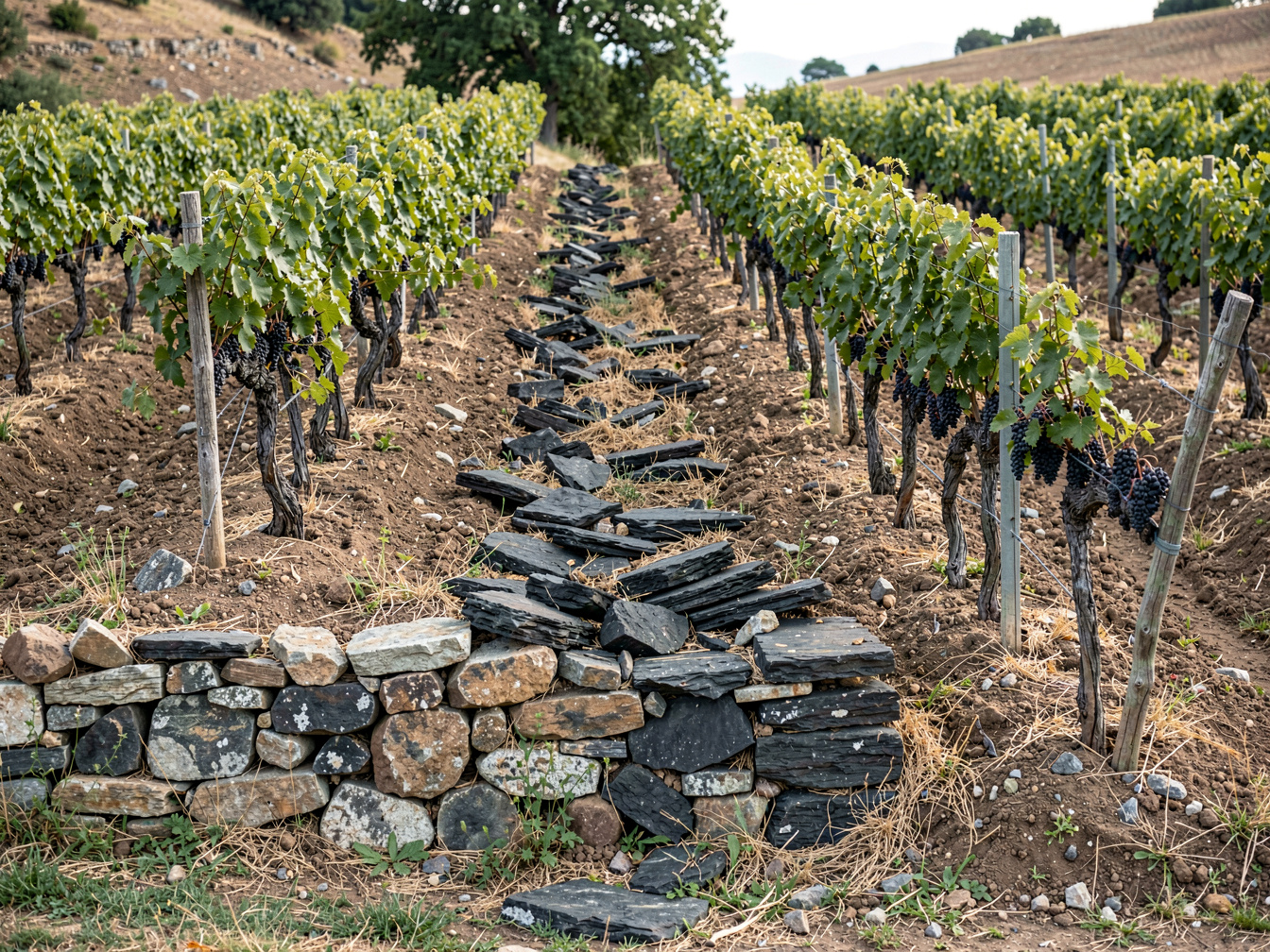 Weinberg an einem Mittelhang mit Steinmauer am unteren Ende und dunklem plattigem Gestein im aufgebrochenen Boden zwischen zwei Rebzeilen