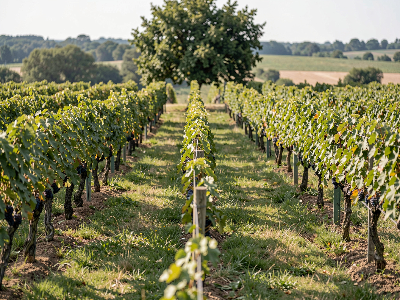 Nach Süden geneigter Weinberg mit kurzem Gras zwischen den Rebzeilen und einem einzelnen Obstbaum am oberen Rand des Grundstücks