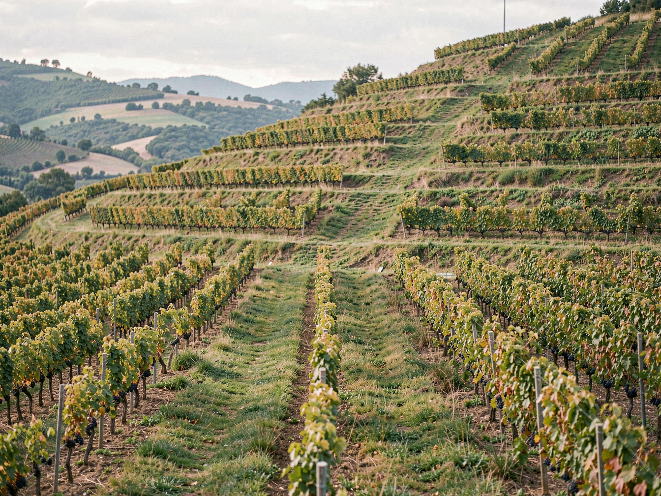Gestaffelte Weinbergsparzellen an einem Hang, die von unten nach oben immer kleiner werden, mit schmalen Grasstreifen als Grenzen dazwischen