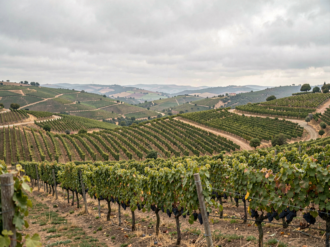 Gestaffelte Weinberge, die sich über mehrere Hügelrücken hinweg bis zum Horizont ziehen, aufgenommen von einem erhöhten Standpunkt bei bedecktem Himmel